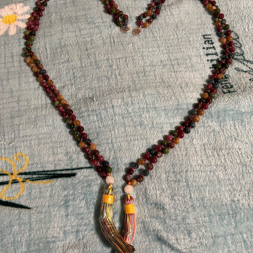 Red and Green Beaded Necklace with Natural Pendant